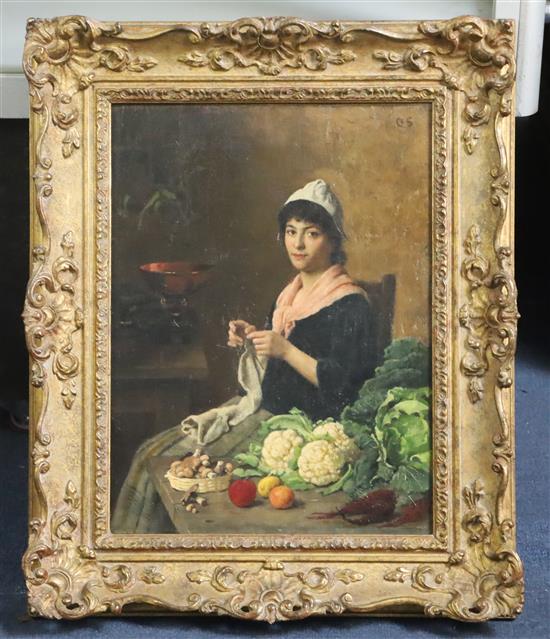 19th Century English School Interior with woman knitting and vegetables on a table top 15 x 11in.